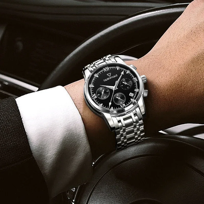 Mark Fairwhale 5380 Relógio de negócios masculino com fivela borboleta de aço inoxidável cronógrafo de quartzo relógio de pulso à prova d'água