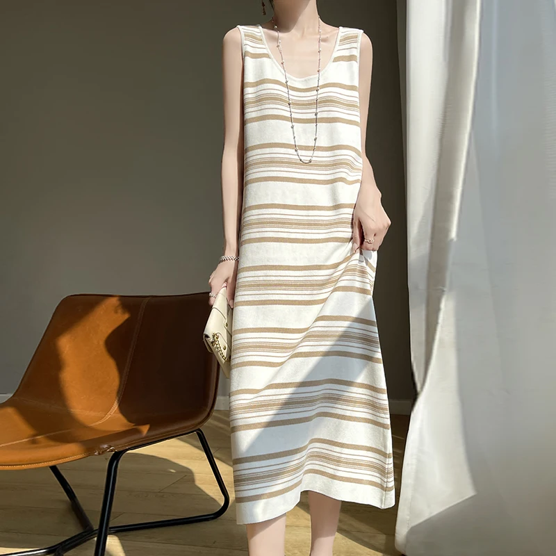 

ZOCEPT 2025 Summer New Ice Silk Knitted Striped Tank Top Skirt Women Medium Long Straight Tube Casual Bottom Sleeveless Dresses
