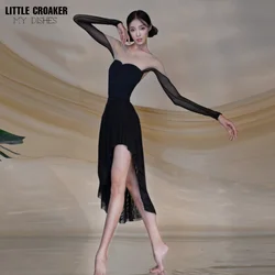 Black French Bodysuit Leotard + Short Front Long Back Dance Skirt Ladies Dresses for Special Occasion Stage Costume Woman