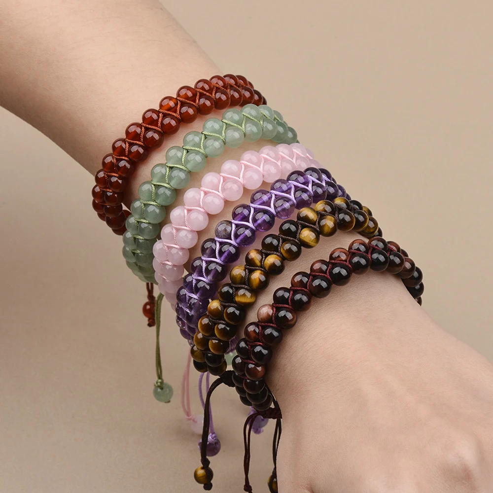 Bracelet Ajustable Tressé à Double Couche pour Homme et Femme, Pierre Naturelle, Œil de Tigre, Aventurine Verte, 03/Wear, 6mm
