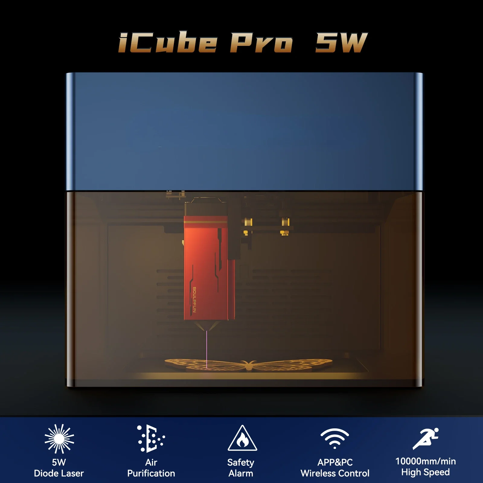 Sculpfun iCube Pro 5W Laser Engraver with Smoke Filter Temperature 130x130mm Engraving Area Eye BT Type-C