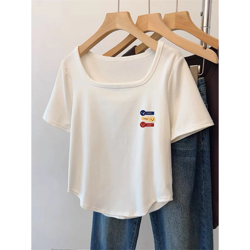 

Cotton Short Sleeve T-shirt Summer Korean Casual Loose Letter Thin Tops Fashion Versatile Breathable Black Square Collar Tees