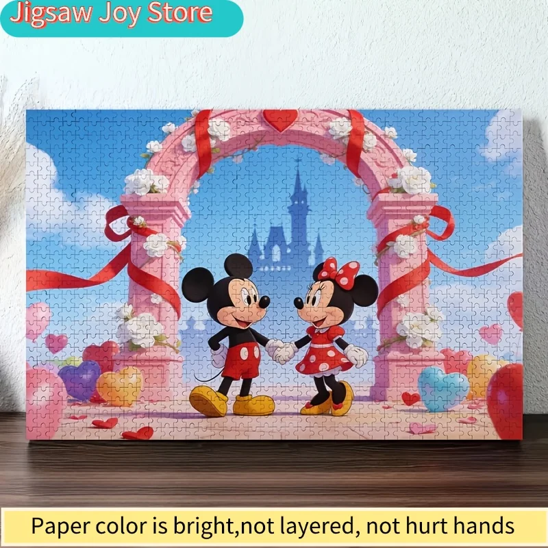 2D platte puzzel, 1000 stukjes Mickey & Minnie Mouse bloemenboog - Romantisch Valentijnsdag cadeau voor koppels, klassiek cartoonontwerp