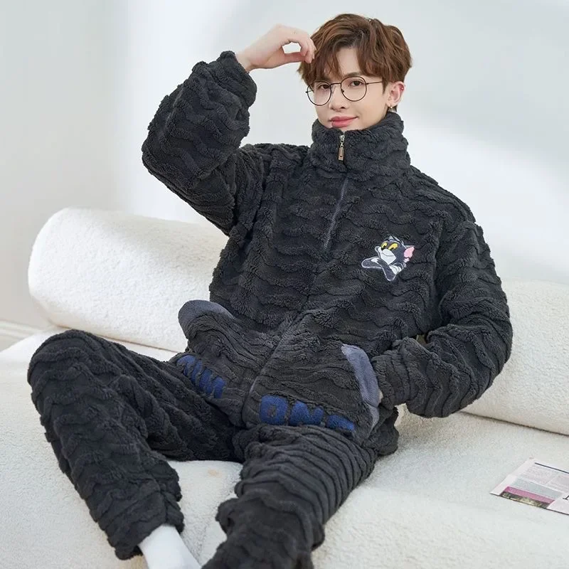 

2024 New Coral Velvet Pajamas Set Men Autumn Winter Loungewear Male Fleece Thicken Flannel Sleepwear Suit Youth Outside Homewear