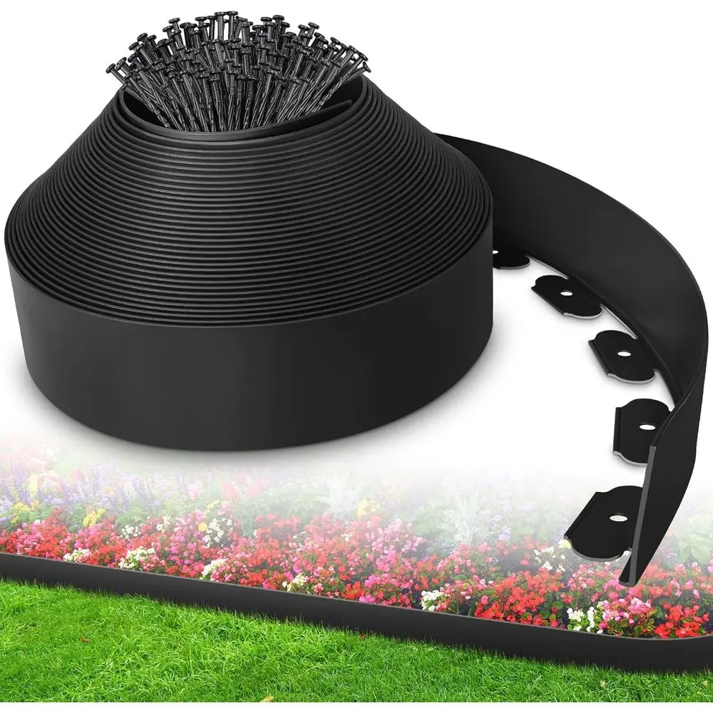 

4-Inch x 100ft Plastic Garden Edging Kit with 150 Stakes for Lawn and Flower Bed Borders (Black)
