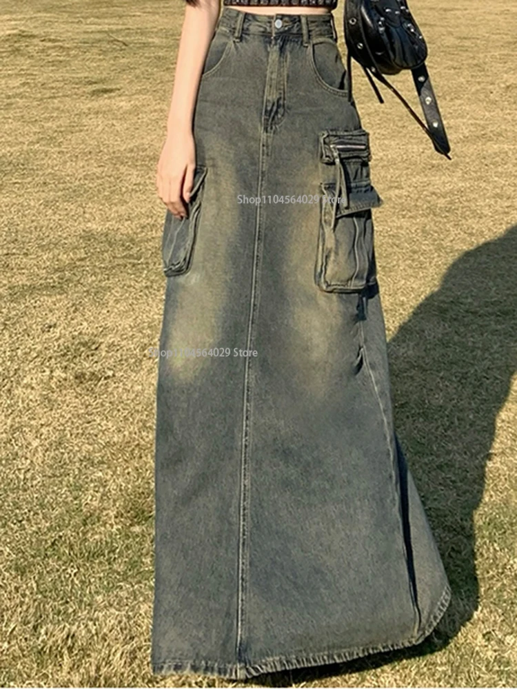 

2025 Women Y2k High Waist Denim Ankle Length Cargo Skirts Girls Robe Cool Casual Wrap Dress Female Gray A Line Long Skirts Jeans