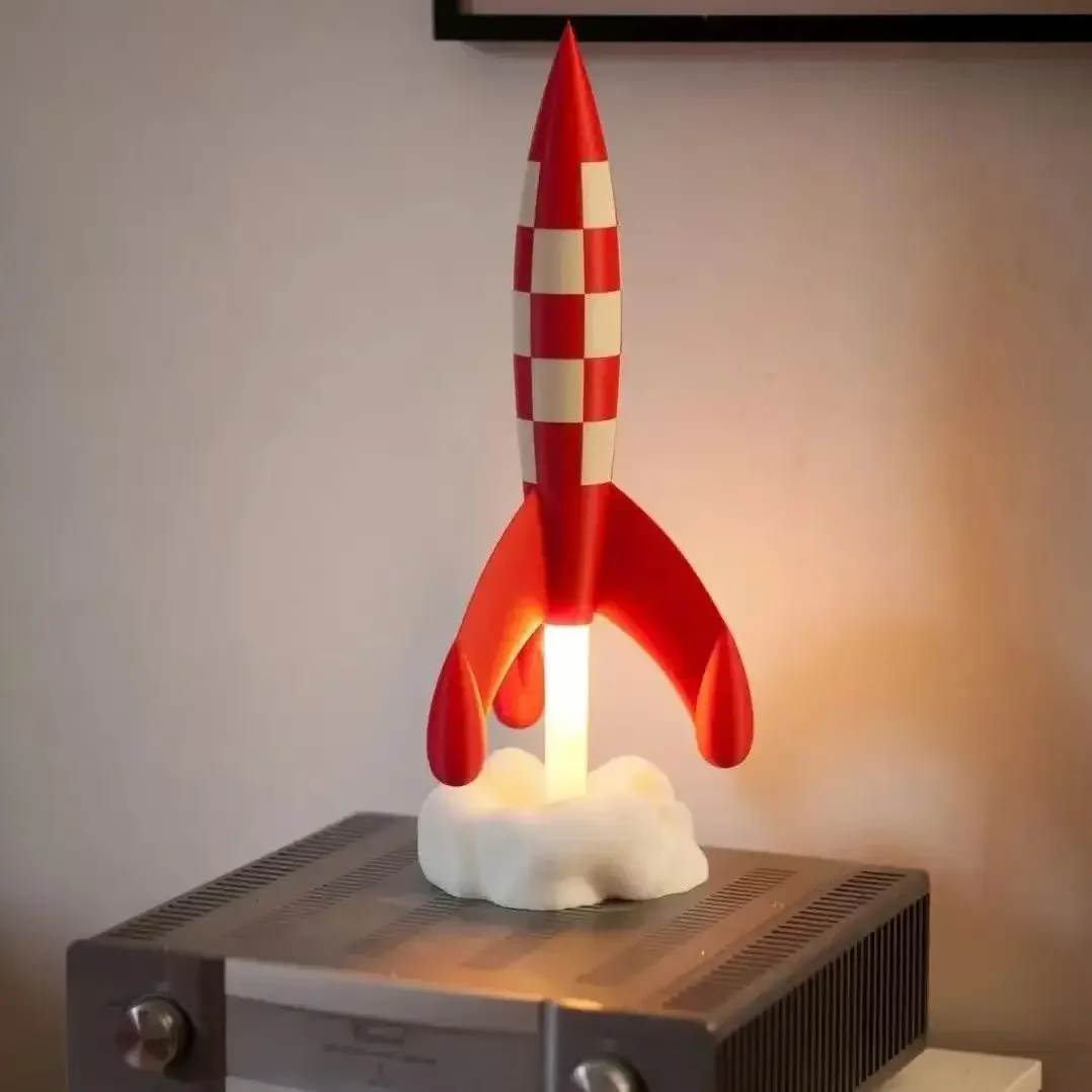 

37CM 3D Print Space Rocket Launching Belgium France Comic Objectif Lune Moon Aventures Herge LED Light Type C Decor Figure Model