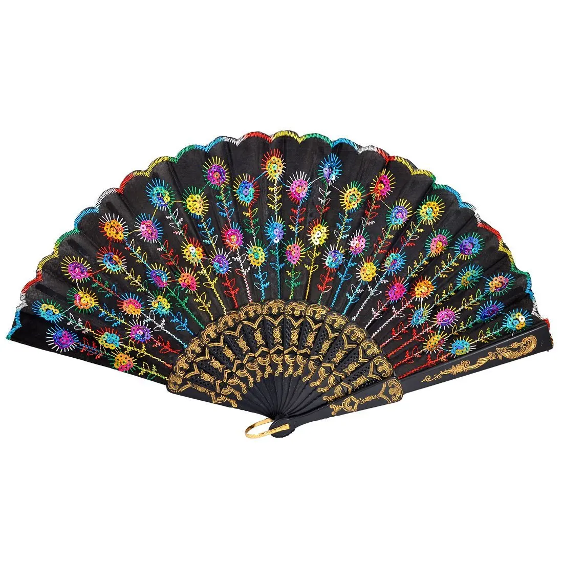 SODIAL(R) Colored Embroidered Flower Pattern Black Cloth Folding Hand Fan for Woman