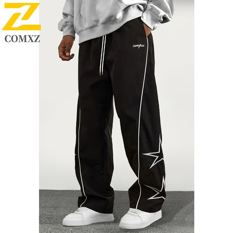 COMXZ American Sports Pants Men 2025 Spring Autumn Fashion Printed Loose Trousers Street Clothing Casual Wide Leg Cargo Pants
