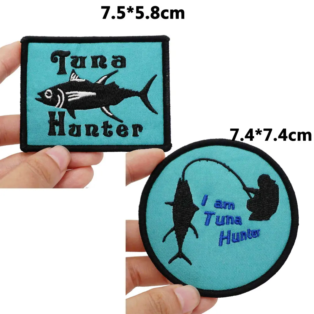 bluefin tuna hunter Embroidered Patches Applique Sewing Label punk biker Band Rock Clothes Badges with hook backing