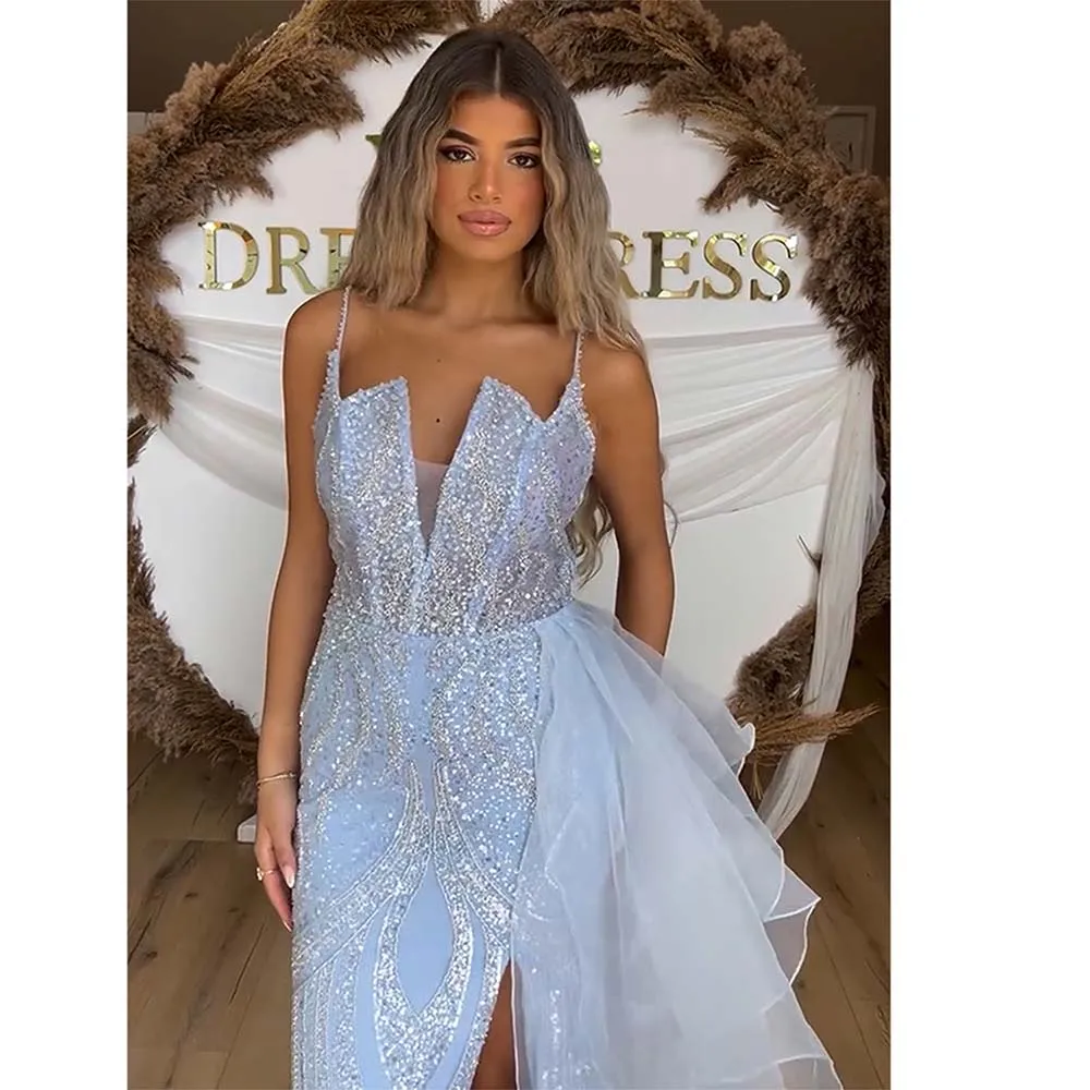 

Alinovia, синее вечернее платье русалки с жемчугом для женщин, 2022, роскошные бусины с боковым разрезом, длинные вечерние платья для выпускного вечера, свадебные платья по индивидуальному заказу