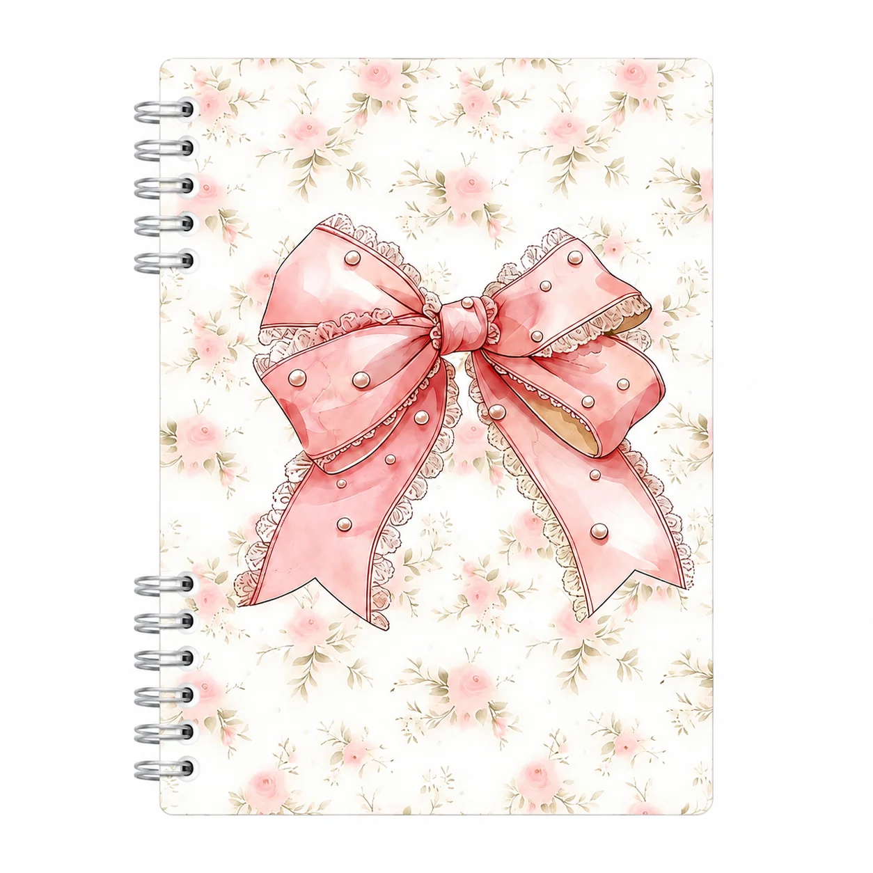 Cute Pink Bow Floral Spiral Notebook 120 Pages, Kawaii Journal Planner for School Office Notes Gift