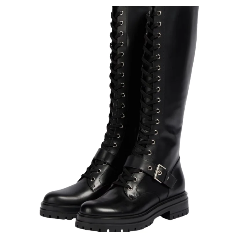 

Качественные женские сапоги до колена, черная зимняя обувь из натуральной кожи, ботинки для верховой езды на блочном каблуке со шнуровкой, женская брендовая обувь