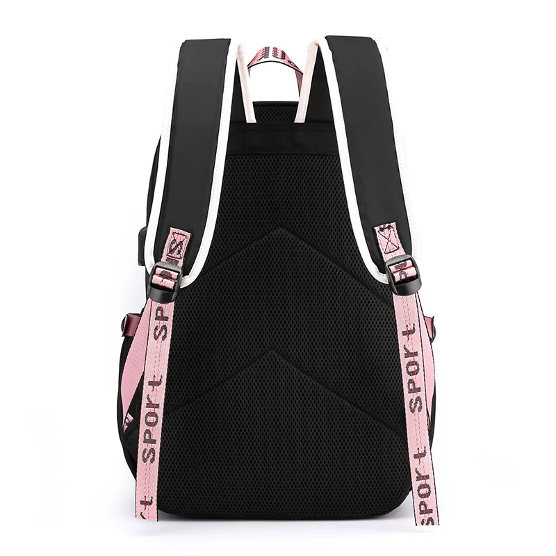 Mochila escolar grande para adolescentes, morral escolar de lona con puerto USB, a la moda, color negro y rosa