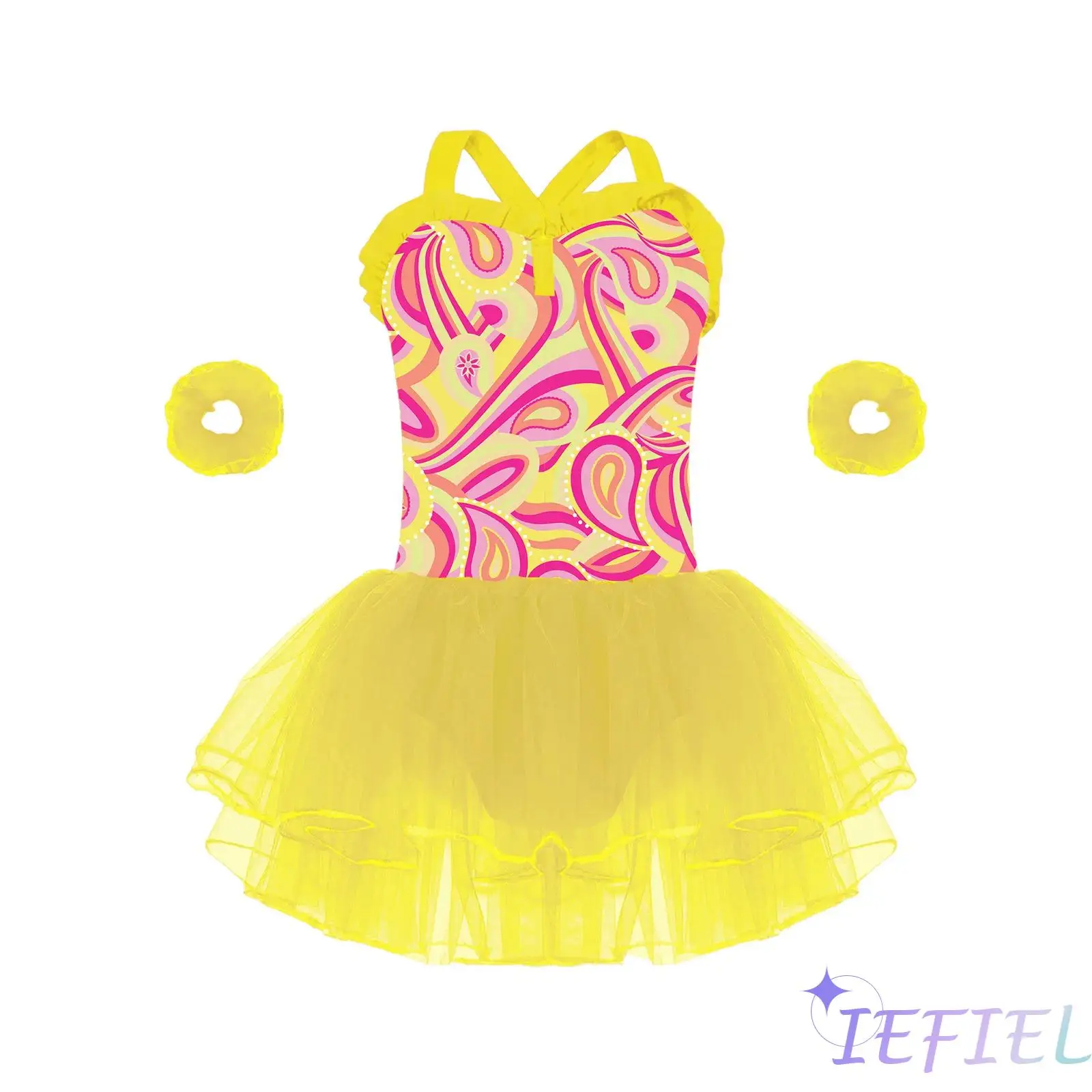 

Kids Girls Sleeveless Gymnastics Ballet Dance Leotard Sequins Mesh Tutu Ballet Dress with Arm Sleeve Ballroom Lyrical Dancewear