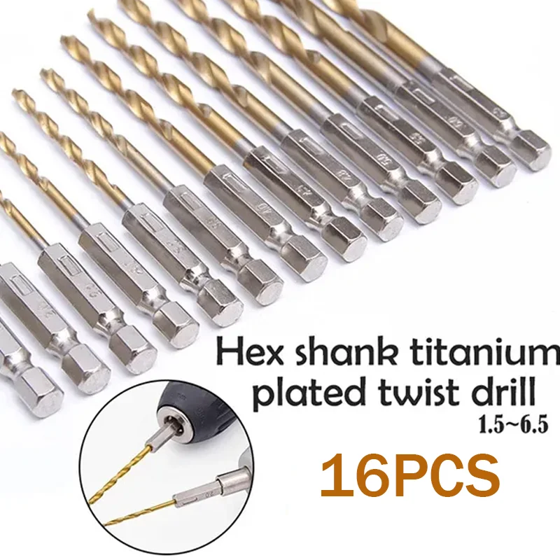 

16pcs HSS Drill Bit Set High Speed Steel Titanium Coated Drill Bit 1/4 Hex Shank 1.5-6.5mm Hexagonal Handle Twist Drill Tools