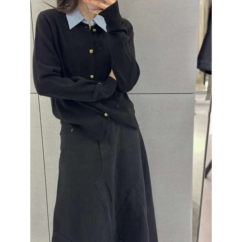 Qweek koreanischen Stil gefälschte zweiteilige Hemd einfarbig elegante Basic Cardigan Langarm jugendliche Harajuku Herbst Damen bekleidung