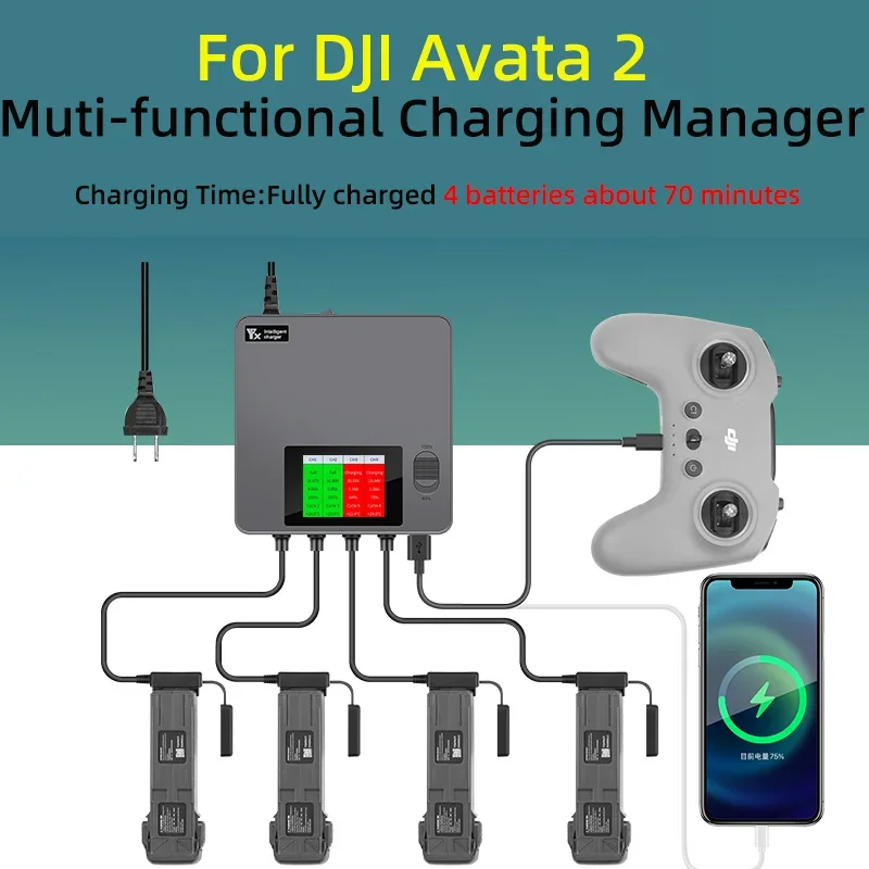 For DJI Avata 2 Drone Battery Charger LCD Display Multi-Function Manager Digital Fast Smart Safe Simultaneous Charging Kit