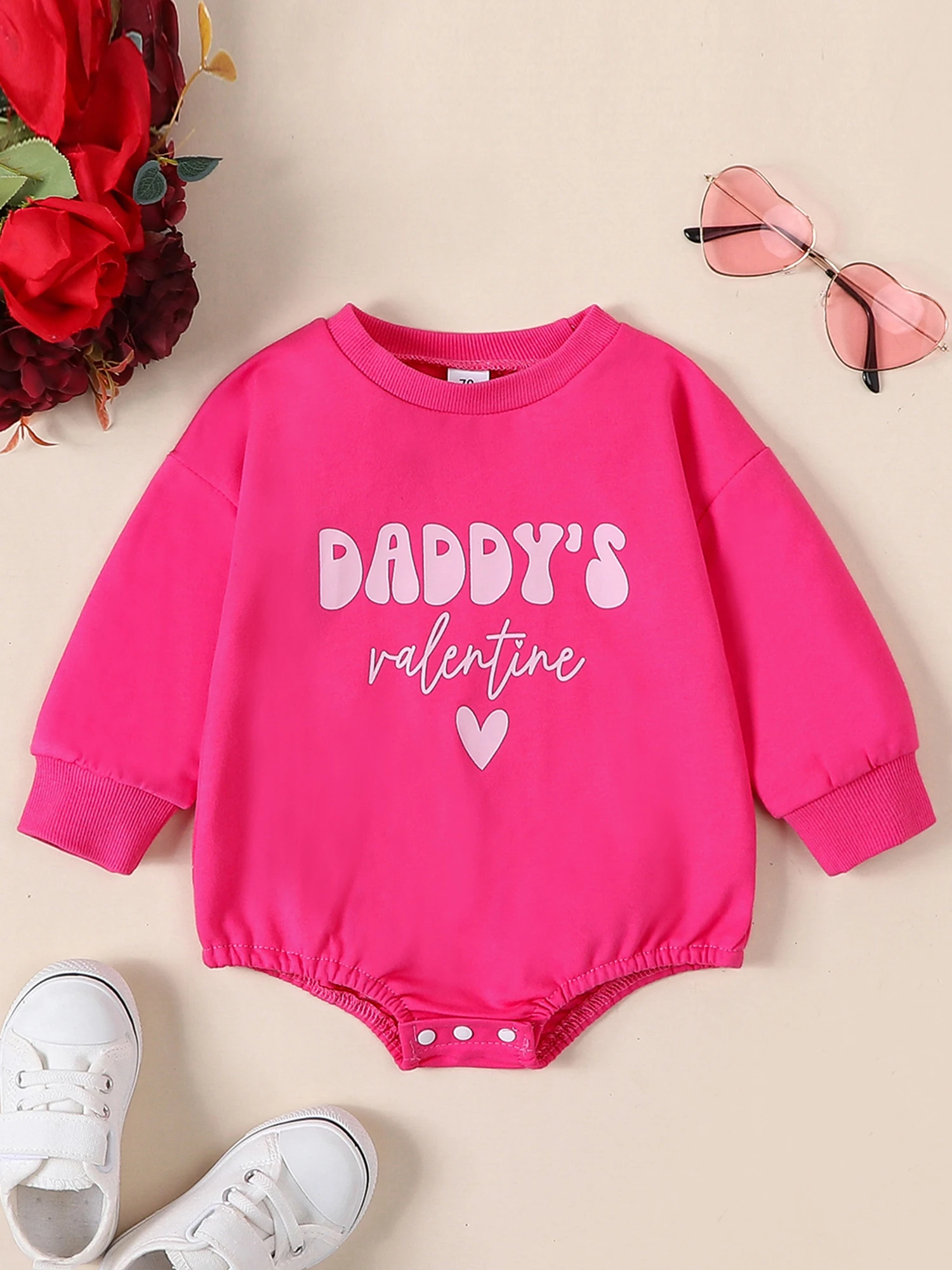 Infant Girls Hooded Sweatshirts Rompers Valentine s Day Outfits with Heart Print Crew Neck Long Sleeve Baby s Jumpsuits