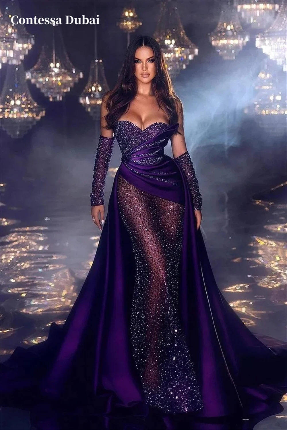 

Contessa Dubai Customized Stylish Prom Dress with Sleeve Long Train Strapless Vestidos de noche Shiny Sequins Formal Evening