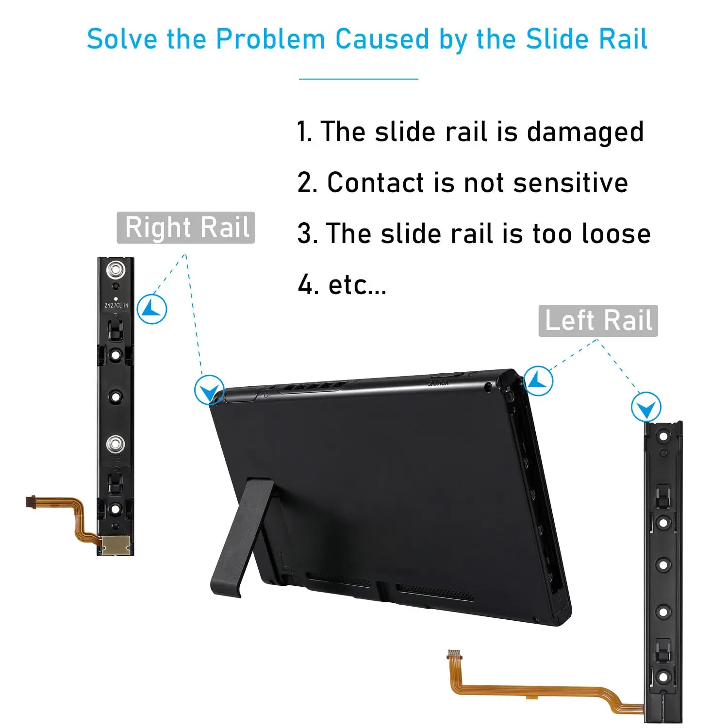 الجزء الأصلي من Repart للسكك الحديدية اليمنى واليسرى مع جزء تثبيت الكابلات المرنة لوحدة تحكم Nintendo Switch NS OLED مسار إعادة البناء
