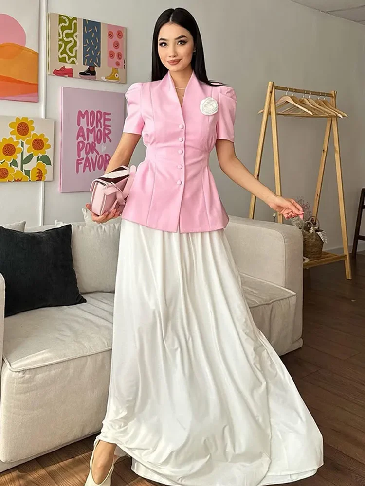 سترات نسائية أنيقة بأكمام قصيرة وخصر نحيف سترات أنيقة ذات ثنيات صلبة واحدة الصدر سترة قصيرة بدلة 2025 ملابس مكتب سيدة جديدة #4