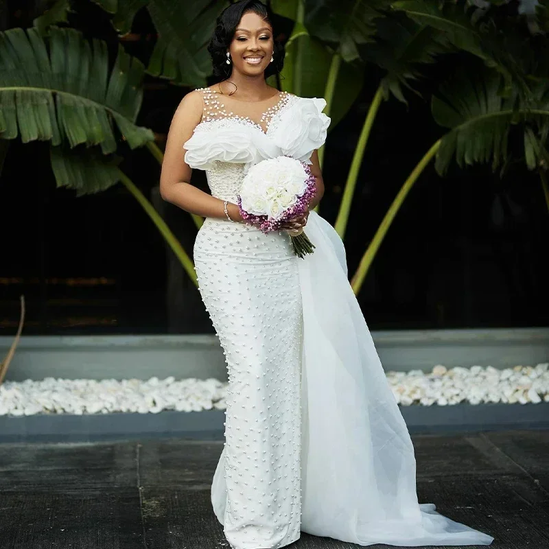 Customized Modest Sheer Neckline Full Handwork Pearls Mermaid Wedding Dress Handmade Flower Garden Bridal Gown With Removable