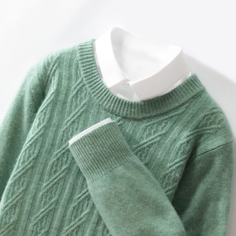 Autumn And Winter New 100% Pure Wool Men's Round Neck Twisted Flower Thick Knitted Sweater Loose Casual Bottoming Shirt