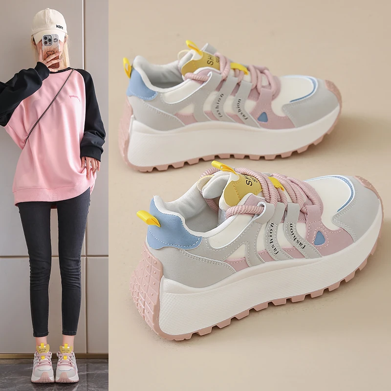 

2025 New Women's Round Toe Colorblock Lace Up Chunky Platform Walking Shoes 6CM Heel Wear Resistant Casual Daily Sneakers