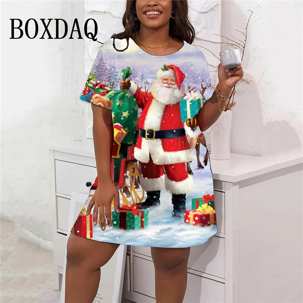 9XL Plus Size Dresses 2025 Christmas Snowman Pattern Women Dress Winter Casual Cute Short Sleeve Loose Party Mini Clothing 8XL