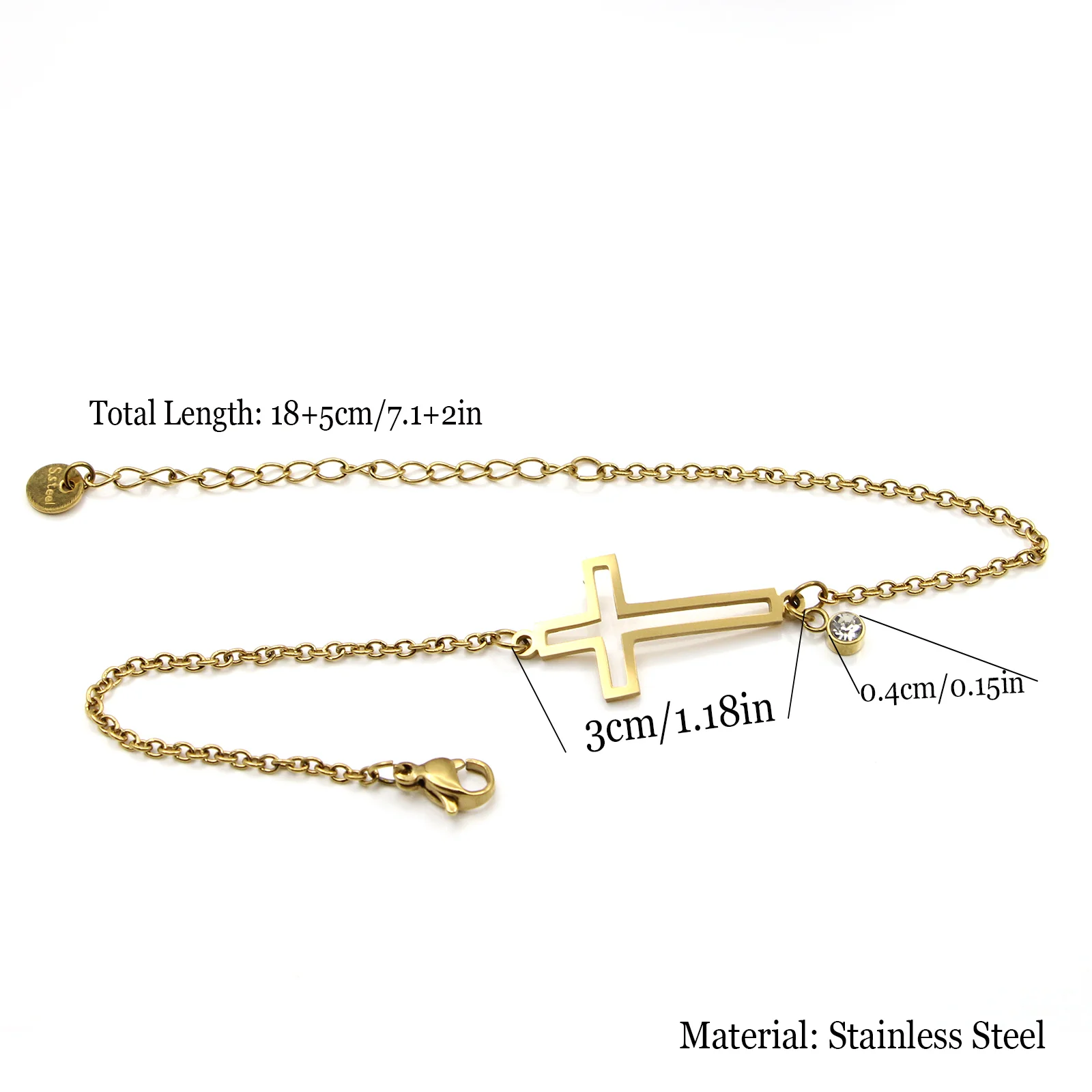 Women Sideways Cross Bracelet Stainless Steel Gold Plated Hollow Cross With Small Crystal Adjustable Chain Faith Jewelry Gift