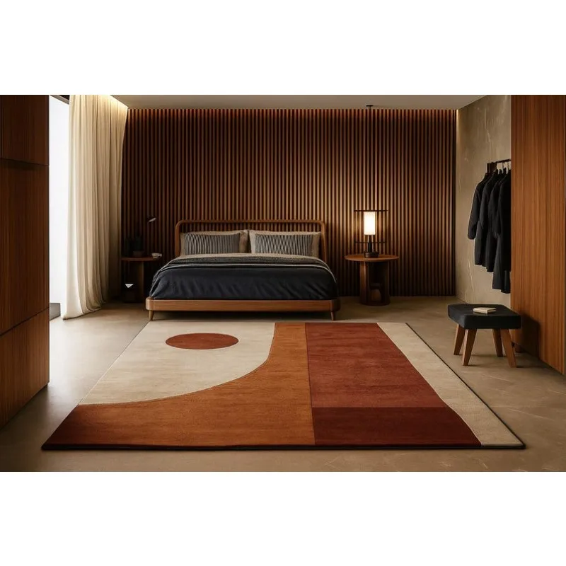 Tapis géométrique moderne du milieu du siècle, minimaliste, couleur beige rouille, abstrait, pour chambre à coucher, salon, décoration de la maison