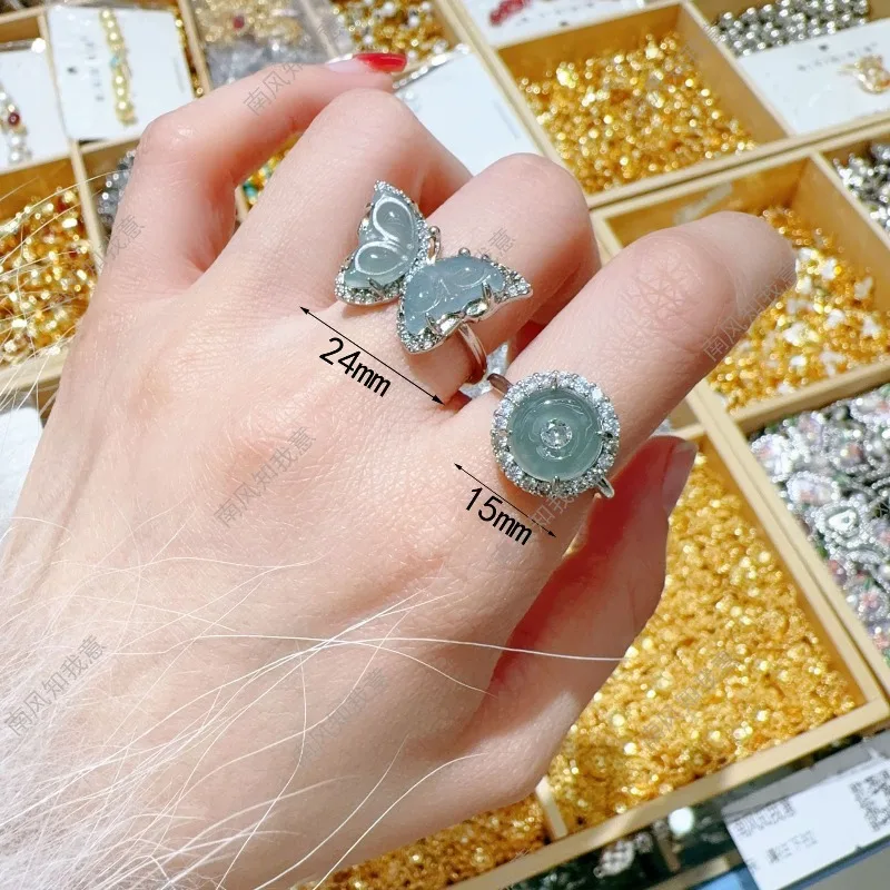 

Natural Hetian jade butterfly safety buckle ring inlaid with zirconium light luxury niche design adjustable ring