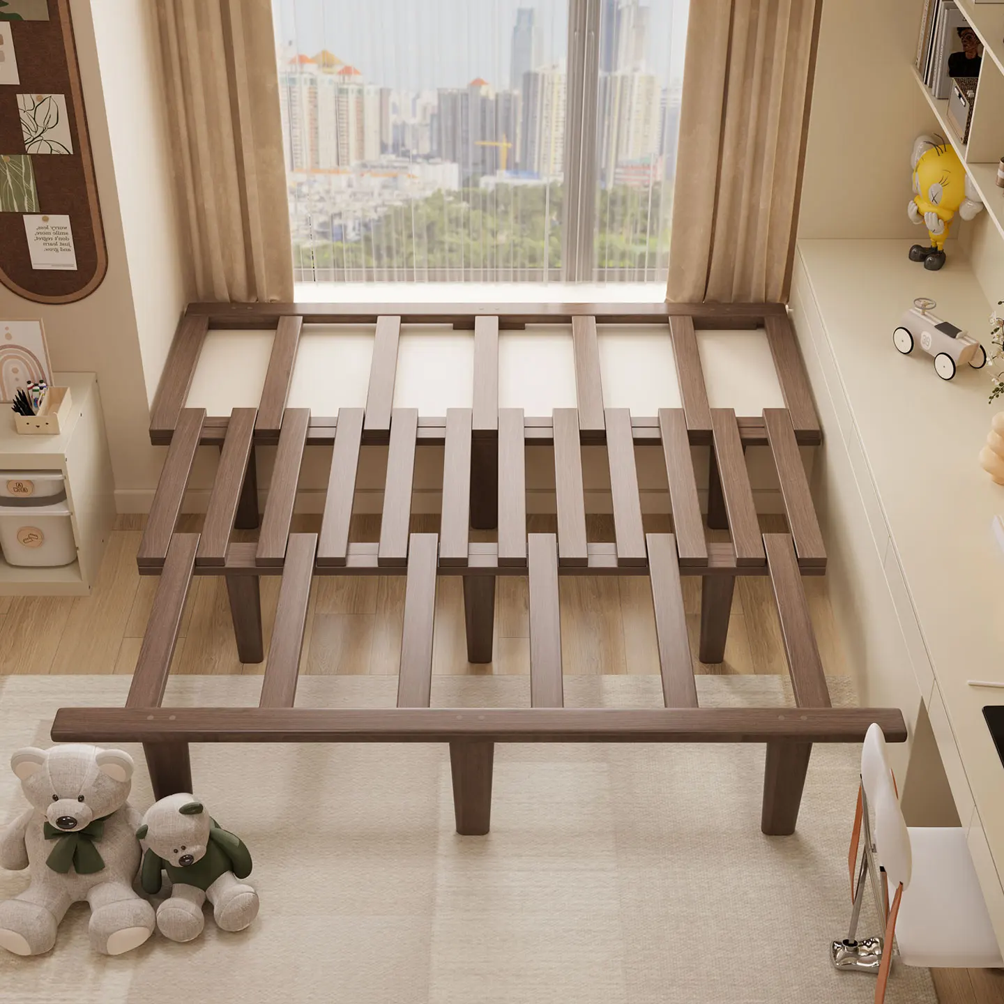Three-fold bay window pull-out retractable solid wood bed connection splicing three-pull bay window sofa bed transformation