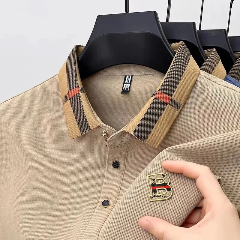 Kurzärmliges Poloshirt mit Luxusmarkenlogo für Herren, Sommer, neue hochwertige, atmungsaktive, lässige Mode-T-Shirt-Kleidung aus Seide und Baumwolle