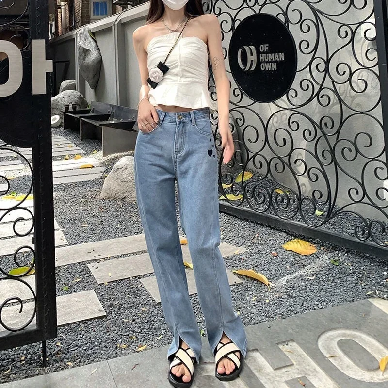 

Women Loose Fashion Harajuku Street Denim Pants 2021 High Waist Love Print Straight Blue Jeans Retro Mopping Trousers Split Ends