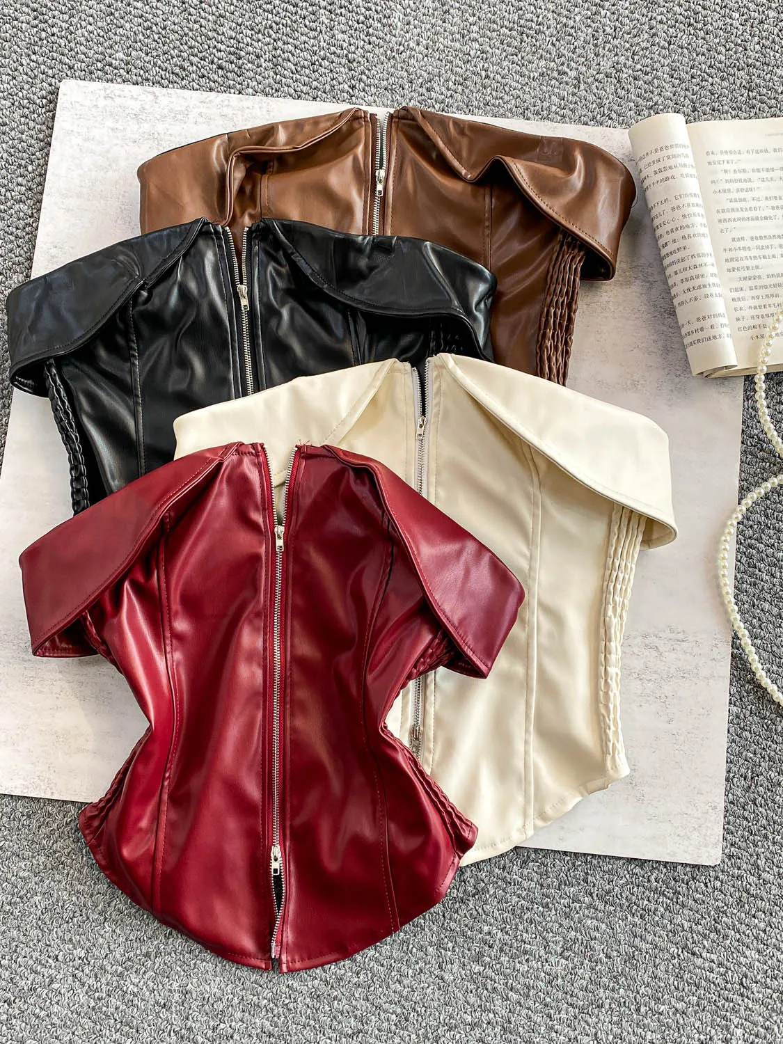 

Sexy ort PU Leather Jaet Women's Design Double Zipper Slimming Flap Bared Chested Faionable Korean Sle Commute Wear