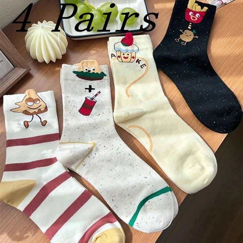 4 Pairs Kawai French Fries Hamburger Sock Women's Comfortabe Mid-tube Socks Cute Cartoon Ins Red Striped Funny Stockings Lovely