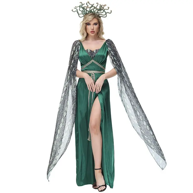 Disfraz de Bruja Submarina Medieval para Halloween, Vestido Largo Verde Oscuro con Estampado de Serpiente, Disfraz de Sirena Mítica Medusa