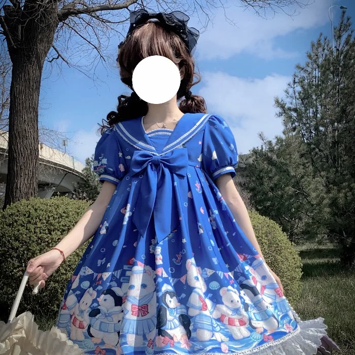 Japanese Lolita Sweet Dress Cat Penguin Cute Print Sailor Collar Navy Vintage Bow Kawaii Girls Preppy Style Middle Ages ロリータ