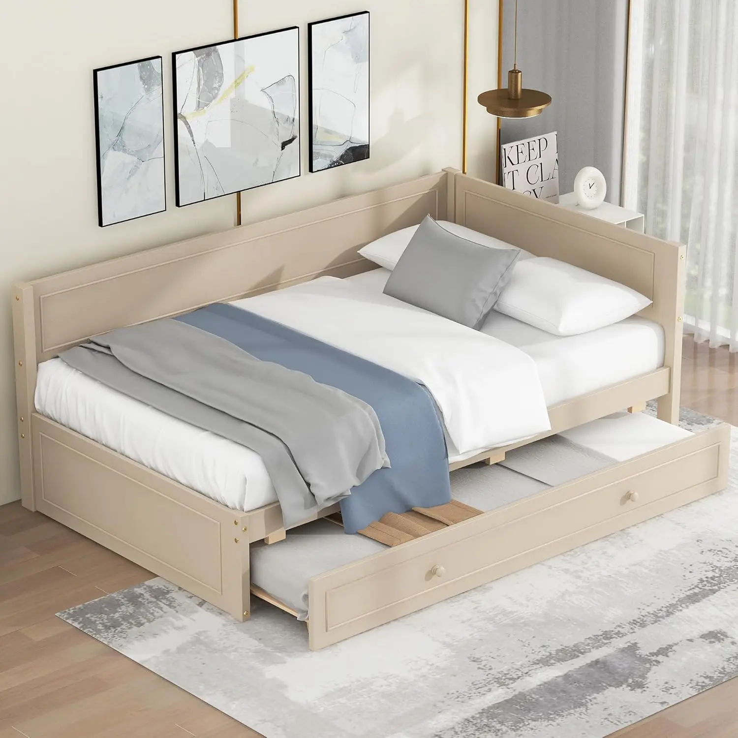 Twin Size Daybed with Trundle, Solid Wood Corner Bed Frame with Slat and L-Shaped headboard, No Box Spring Needed, Beige