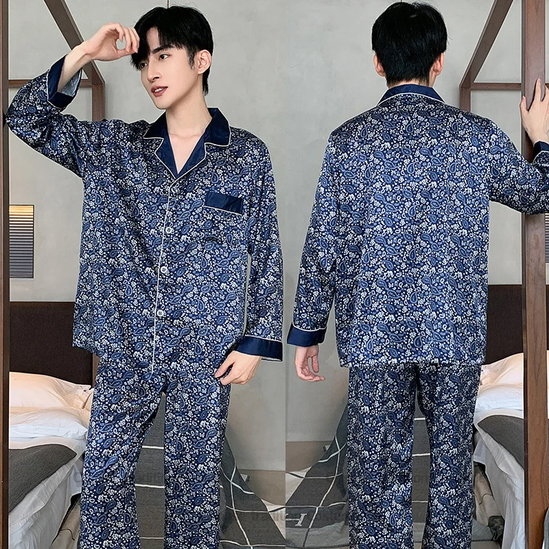 Navy Blue Satin Homewear Summer Spring New Pajamas 2Pcs Male Nightwear Luxury Print Trousers Suit Men Loungewear Sleepwear