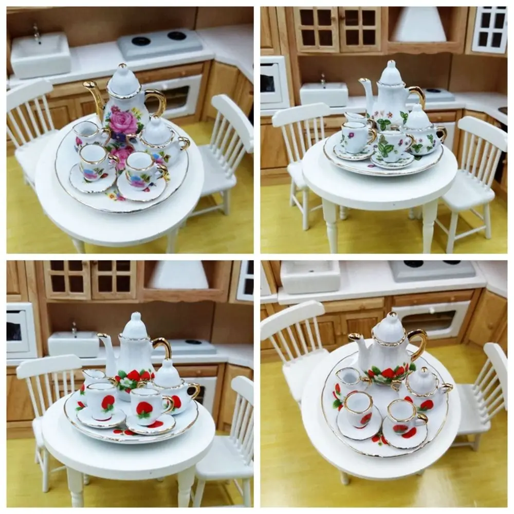 Floral Print Dollhouse Dinnerware Tableware Dish Plate Doll Porcelain Tea Set Colorful Pink Rose Miniature Cups Pot Pretend Play