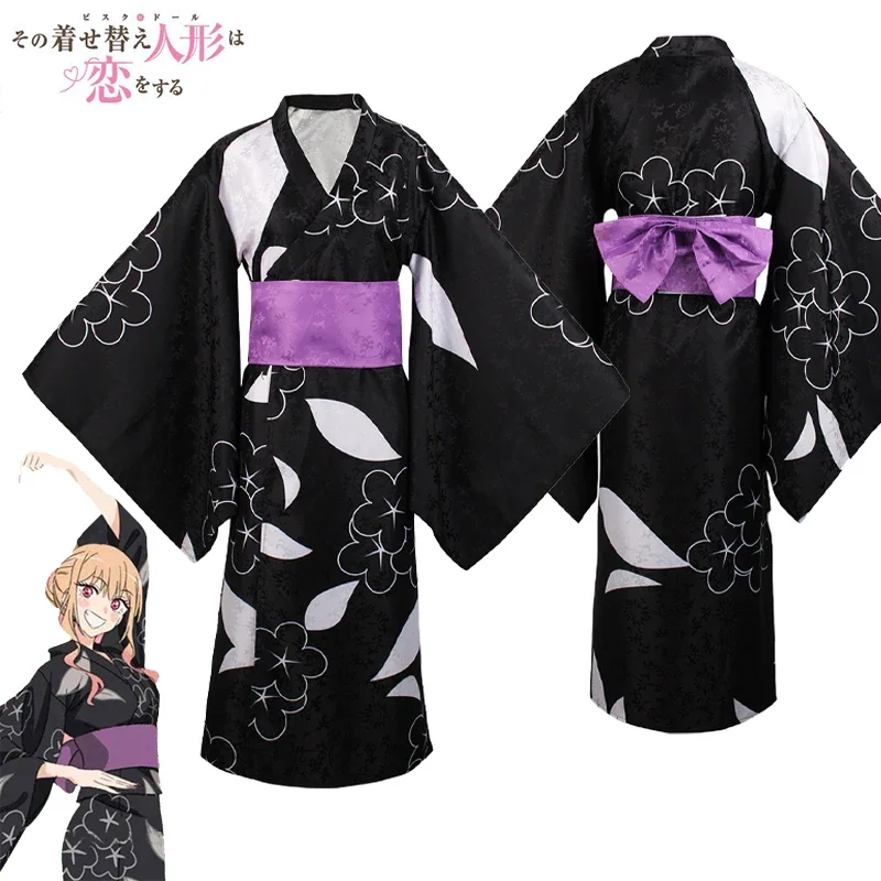 Kitagawa Marin Cosplay Costume Black and Purple Patterned Kimono Japanese Kimono Halloween Carnival Party Dress for Women Girls