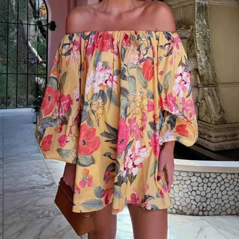 

Sexy One Shoulder Backless Dress Vintage Floral Print Mini Dress For Women 2026 Elegant Loose Long Sleeved Beach Vacation Dress