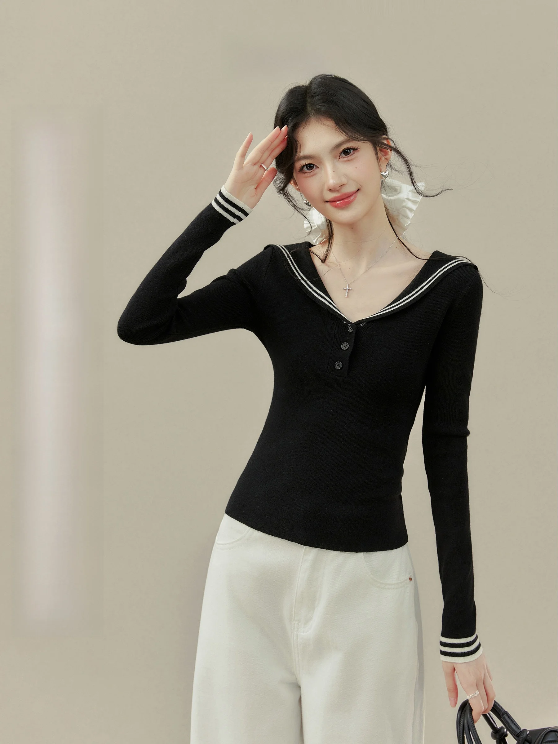 

Вязаная кофта Ele Long Sve с темно-синим воротником, весенняя новинка, приталенная, больших размеров, модная женская внутренняя одежда от Wang Xueng