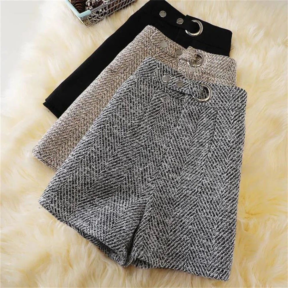 

Women's High Waist Woolen Shorts Wide-Leg Pants Boots Trousers Female Wear Out Short Pants Loose S-2XL Spring Autumn Winter New