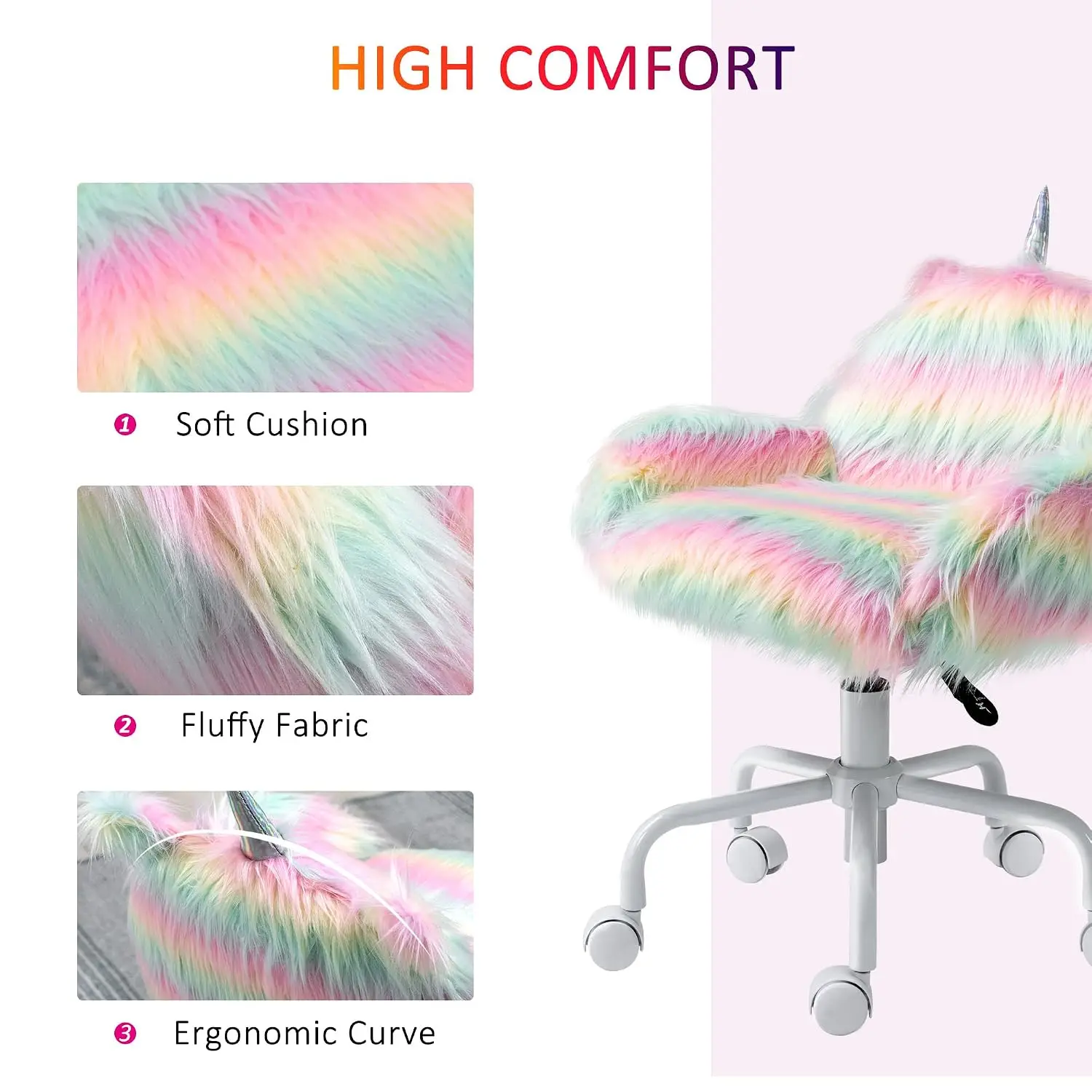 Mid-Back Fluffy Unicorn Office Chair with Rainbow Design, Customized