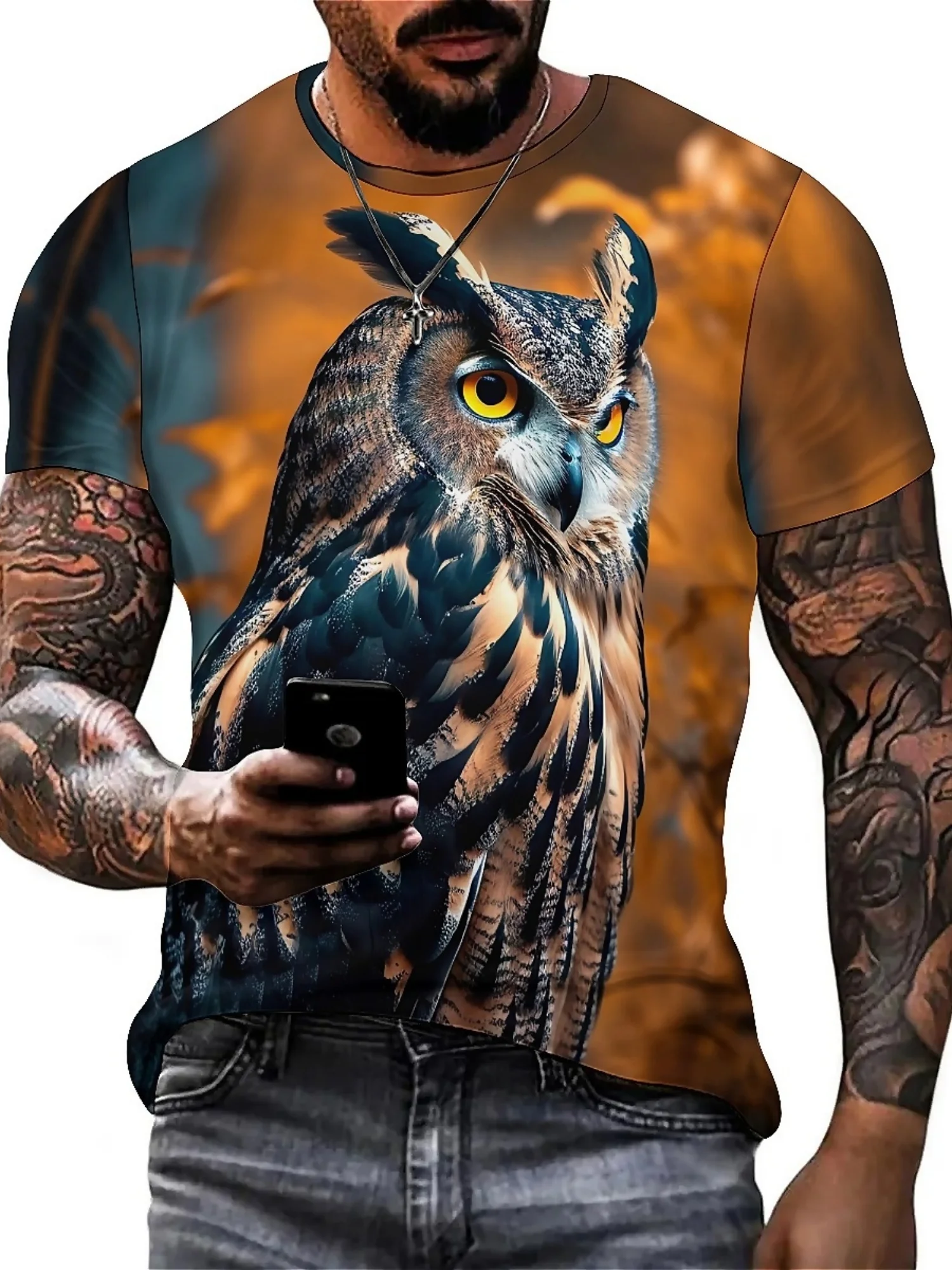 Heren en dames 3D-print Uil grafisch T-shirt - Zacht polyester, losvallend groot formaat, levendig geometrisch patroon