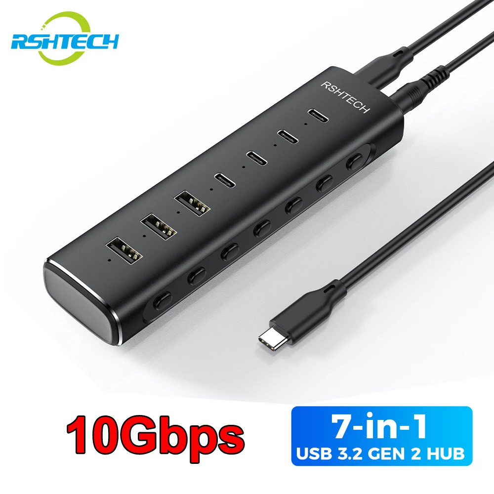 RSHTECH USB 3.2 Hub Splitter 7-IN-1 10Gbps Data Transfer with Individual Touch Switches Docking Stations for Laptop PC Computer